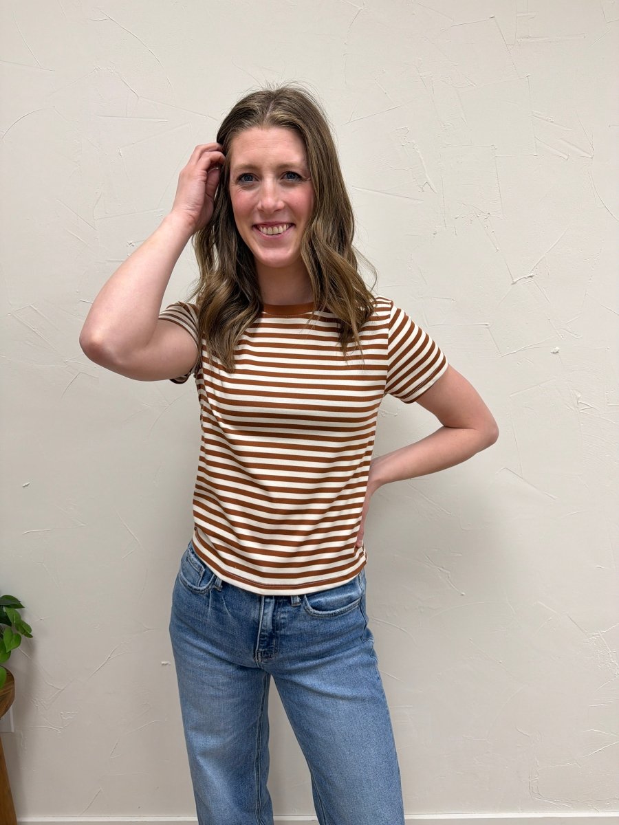 Lifestyle shot of model wearing Contrast Striped Knit Tee paired with casual outfit — Three:Twelve Boutique