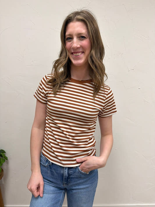 Front view of model wearing Contrast Striped Knit Tee with bold stripes — Three:Twelve Boutique