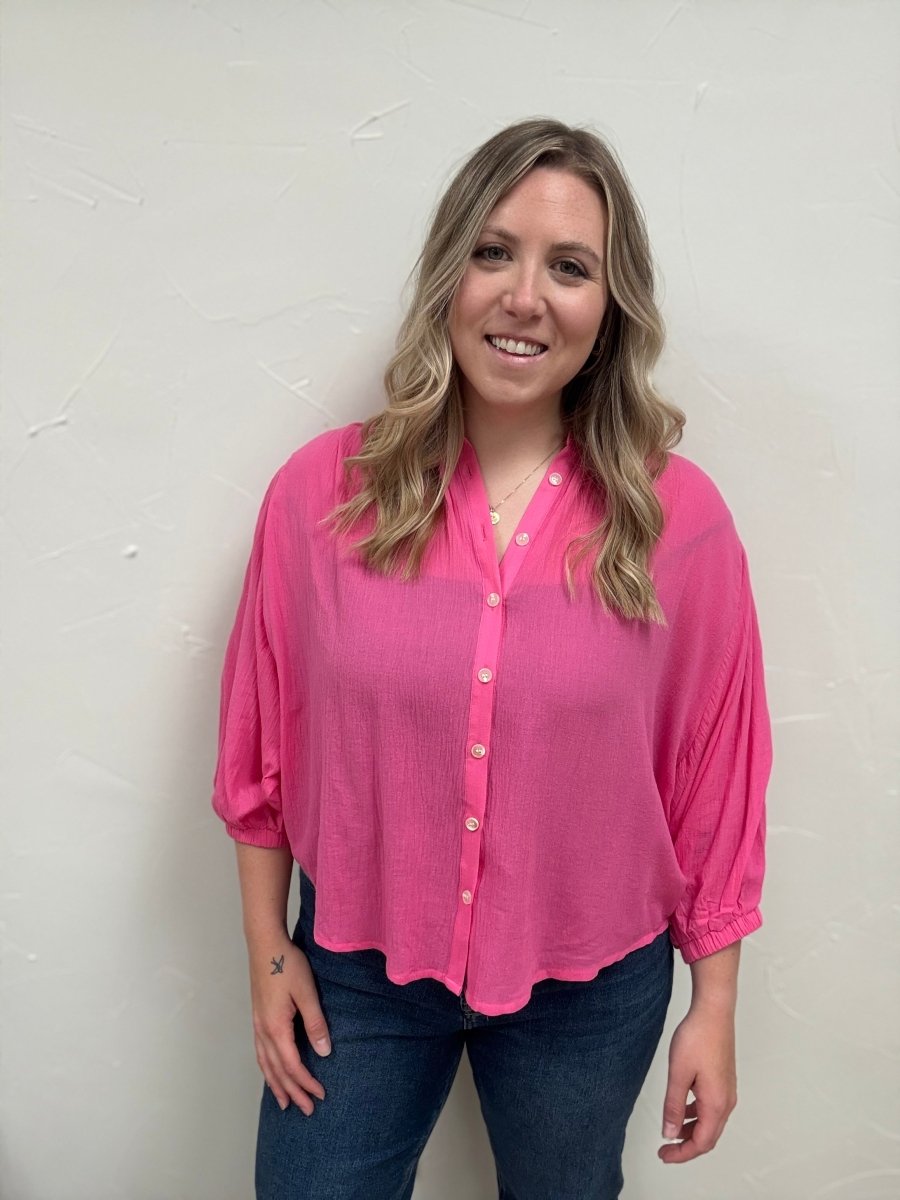 Front view of model wearing cotton button up peasant blouse with relaxed fit — Three:Twelve Boutique