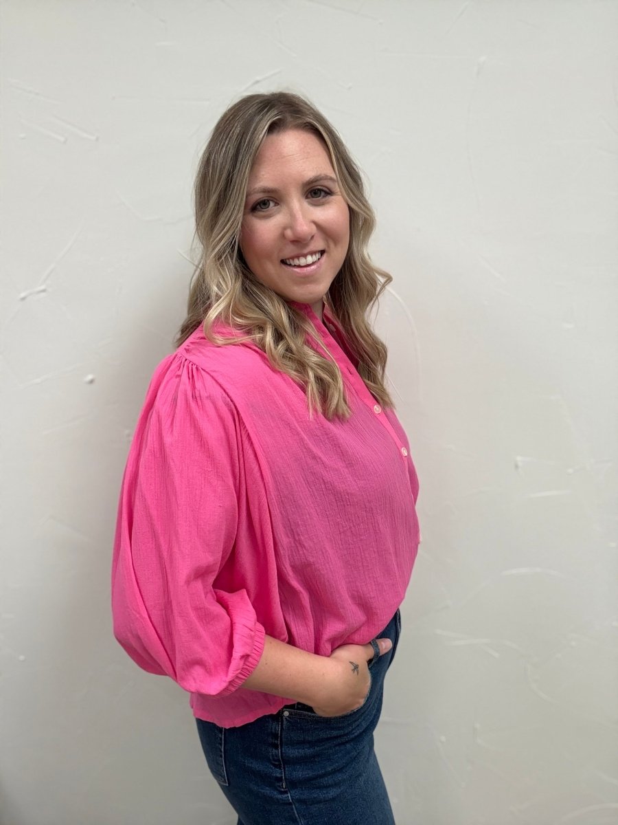 Side view of cotton peasant blouse showing flowy shape and sleeve detail — Three:Twelve Boutique