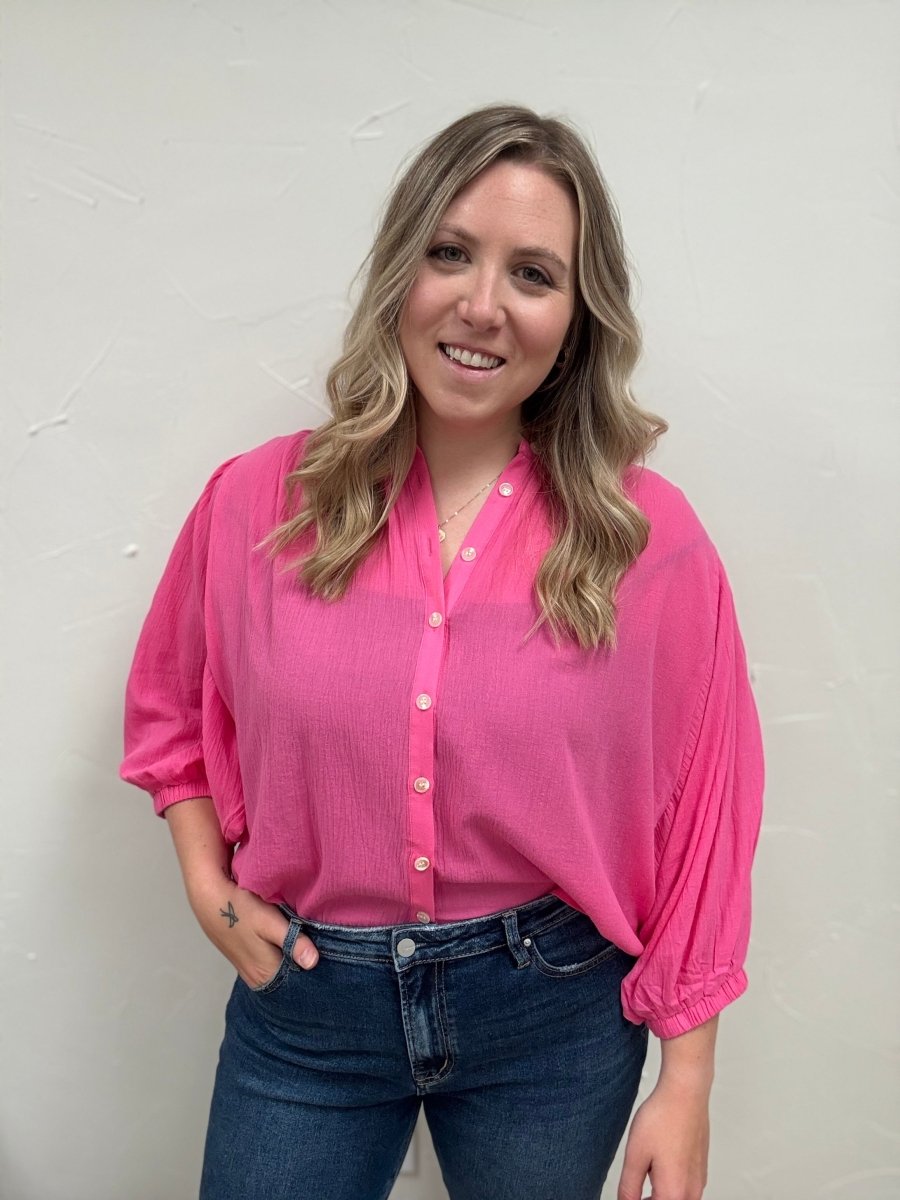 Front view of model wearing cotton button up peasant blouse with relaxed fit — Three:Twelve Boutique