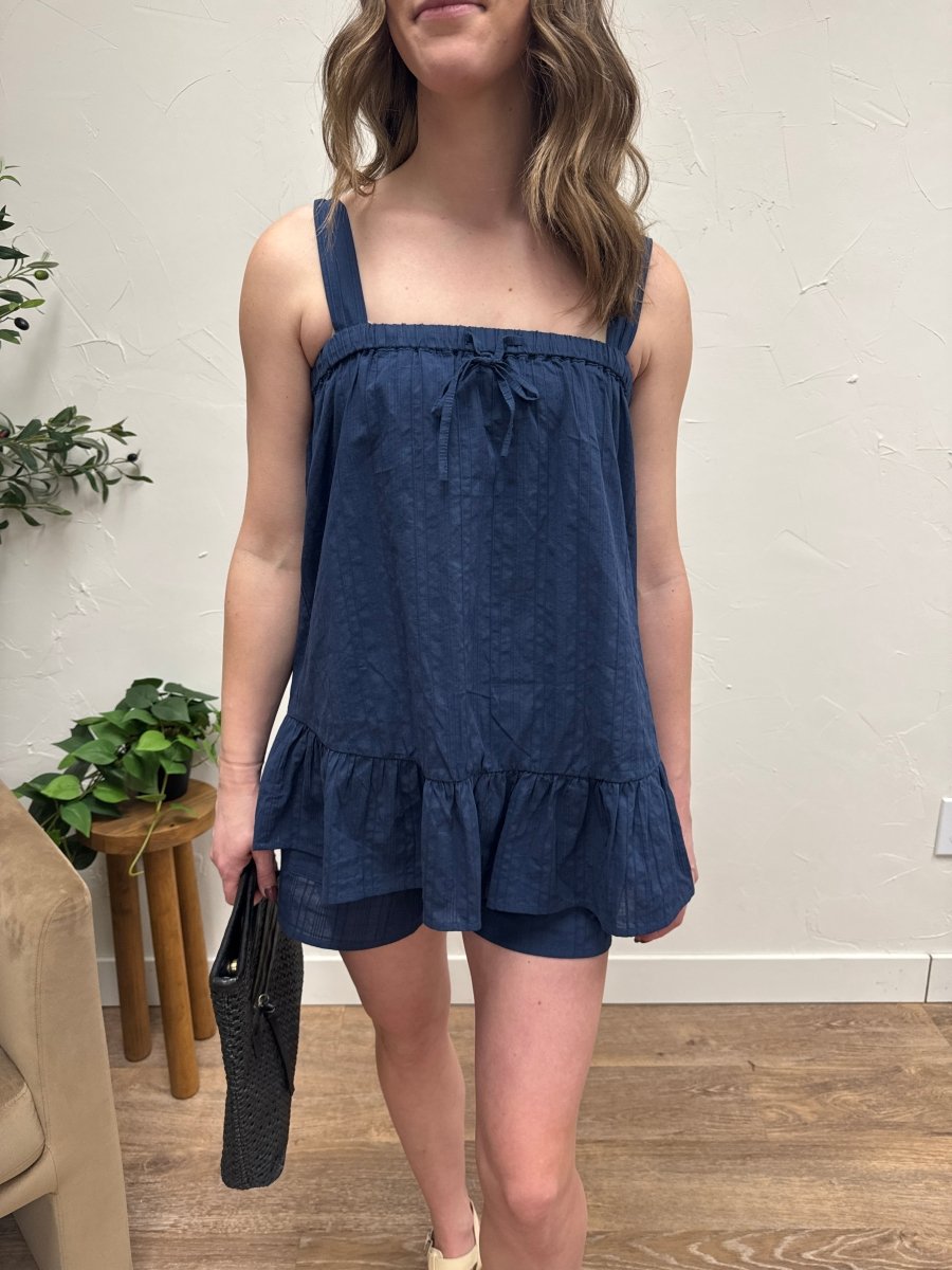 Front view of model wearing cotton cami top and shorts set — Three:Twelve Boutique