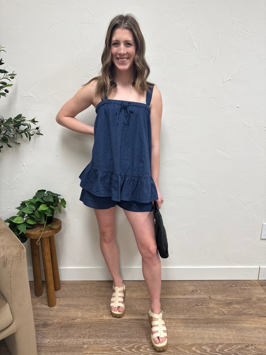 Front view of model wearing cotton cami top and shorts set — Three:Twelve Boutique