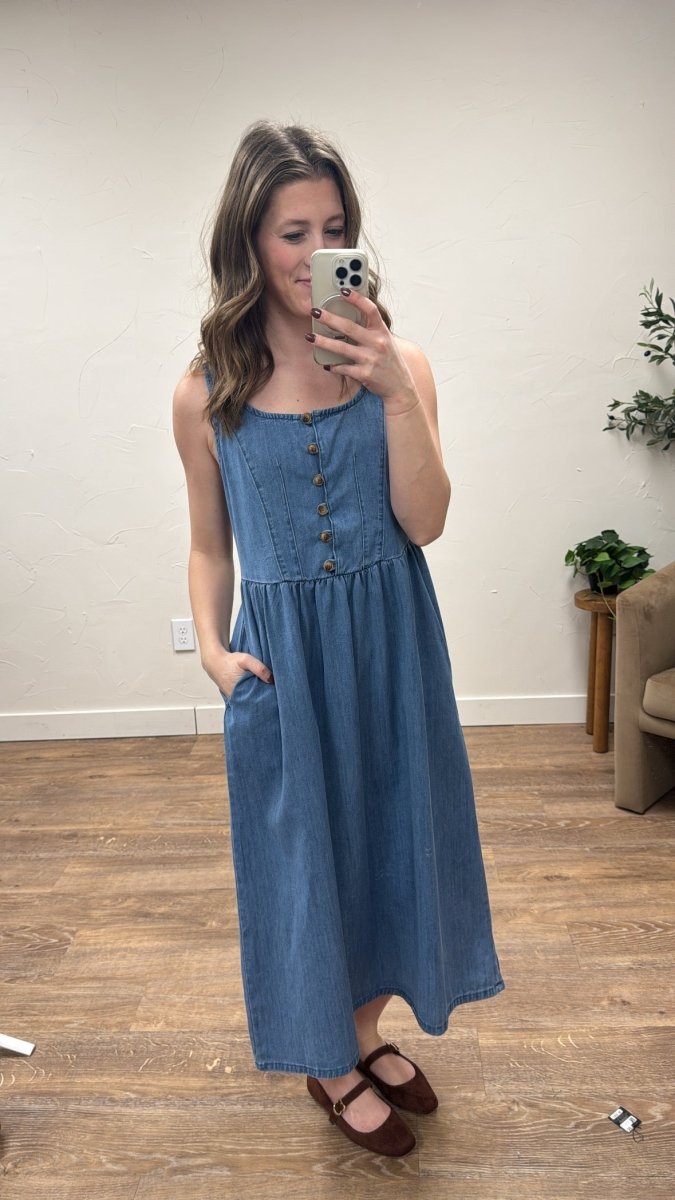 Cotton Denim Button Up Midi Dress - Three:Twelve Boutique - Wishlist