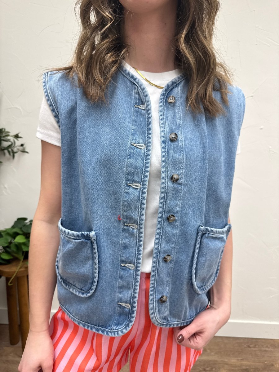 Cotton Denim Button Up Vest - Three:Twelve Boutique - Wishlist
