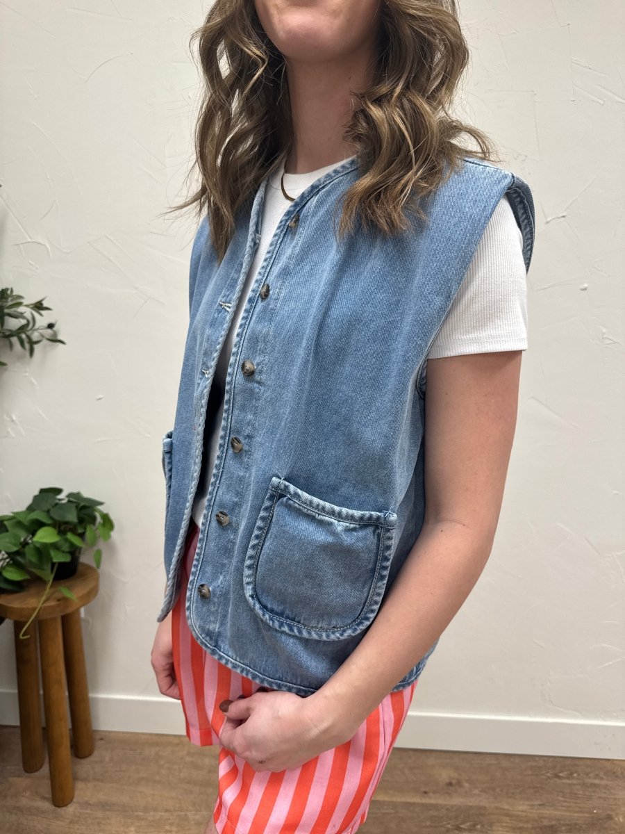 Cotton Denim Button Up Vest - Three:Twelve Boutique - Wishlist