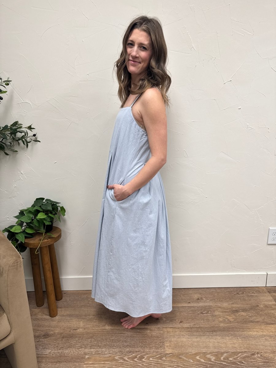 Side angle view of cotton midi dress showing length and drape — Three:Twelve Boutique