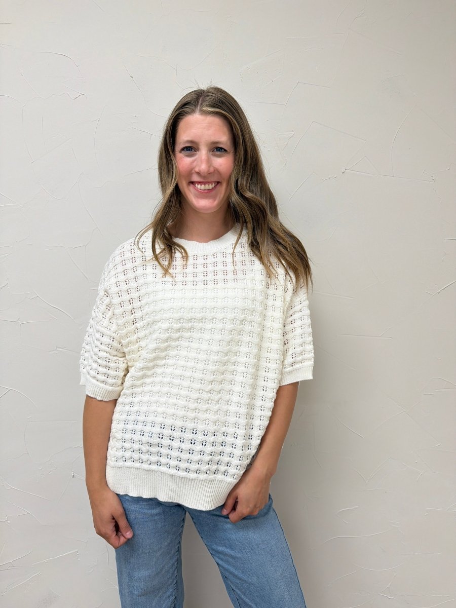 Crew Neck Crochet Textured Knitted Sweater Top - Three:Twelve Boutique - VINE & LOVE