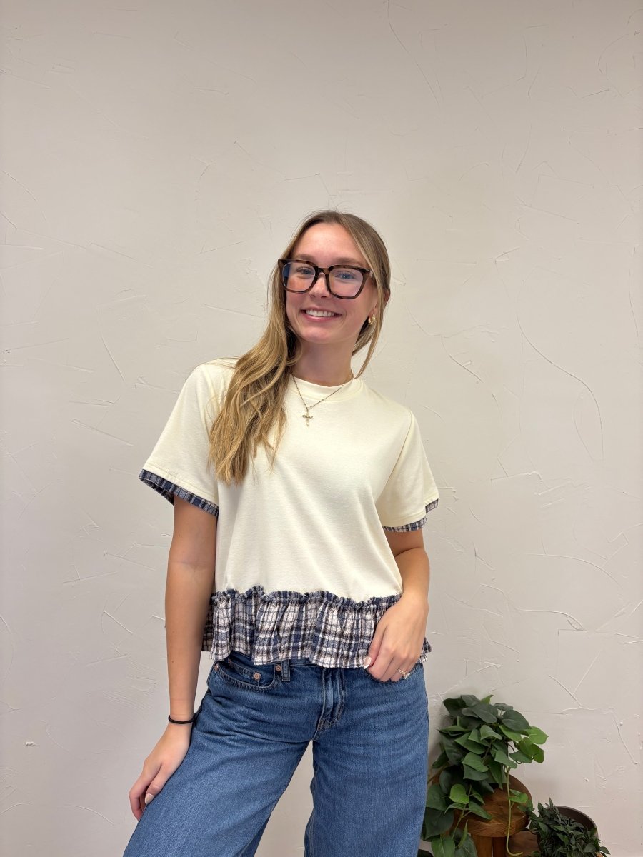 Crew Neck Short Sleeve Contrast Plaid Peplum Boxy Top - Three:Twelve Boutique - Sunday Edition by LE LIS