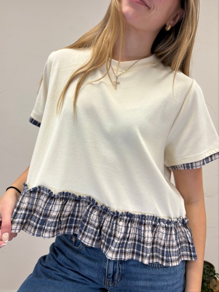 Crew Neck Short Sleeve Contrast Plaid Peplum Boxy Top - Three:Twelve Boutique - Sunday Edition by LE LIS