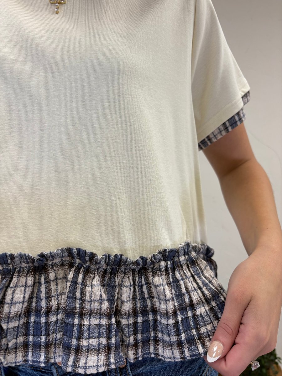 Crew Neck Short Sleeve Contrast Plaid Peplum Boxy Top - Three:Twelve Boutique - Sunday Edition by LE LIS