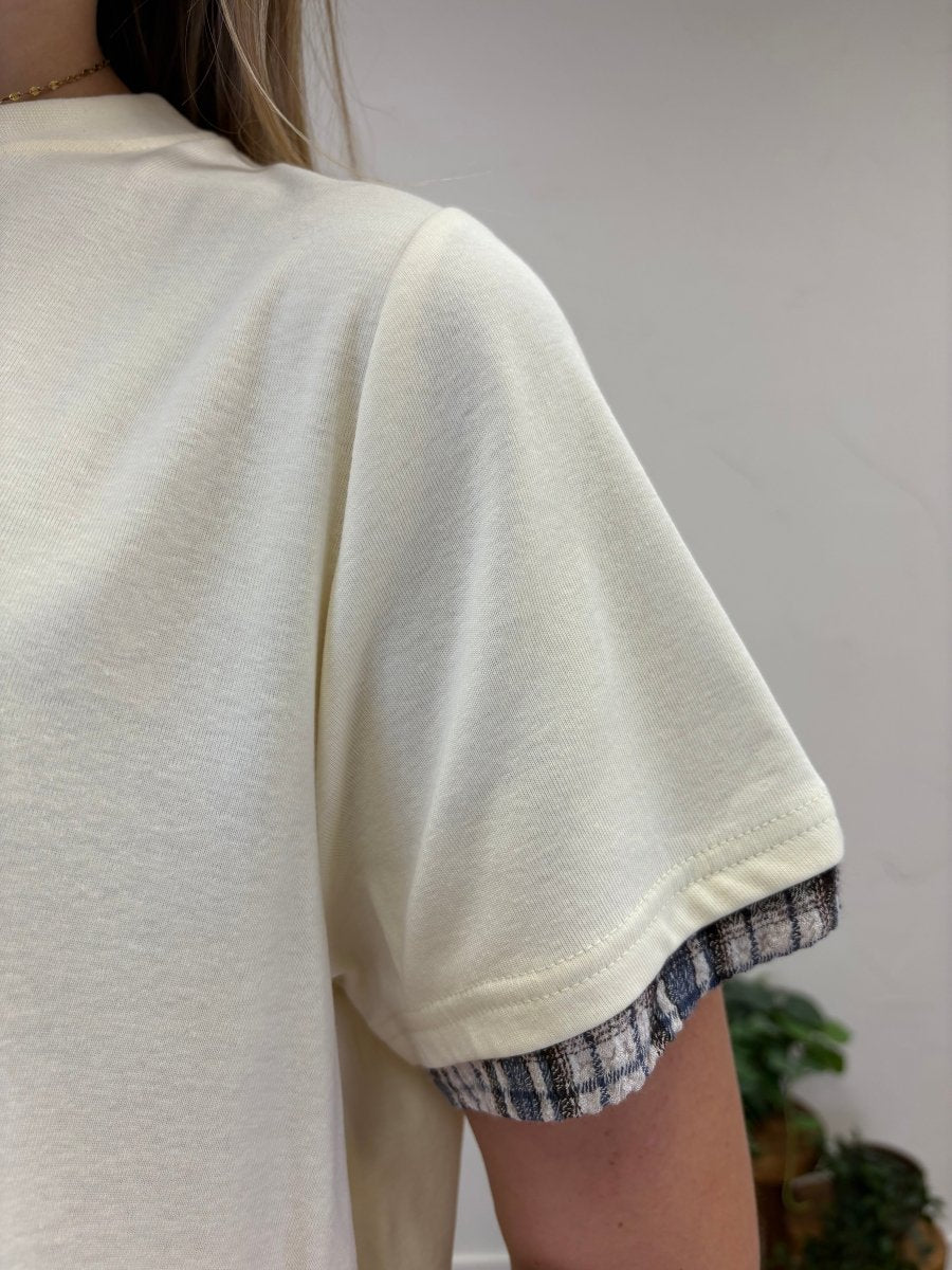 Crew Neck Short Sleeve Contrast Plaid Peplum Boxy Top - Three:Twelve Boutique - Sunday Edition by LE LIS
