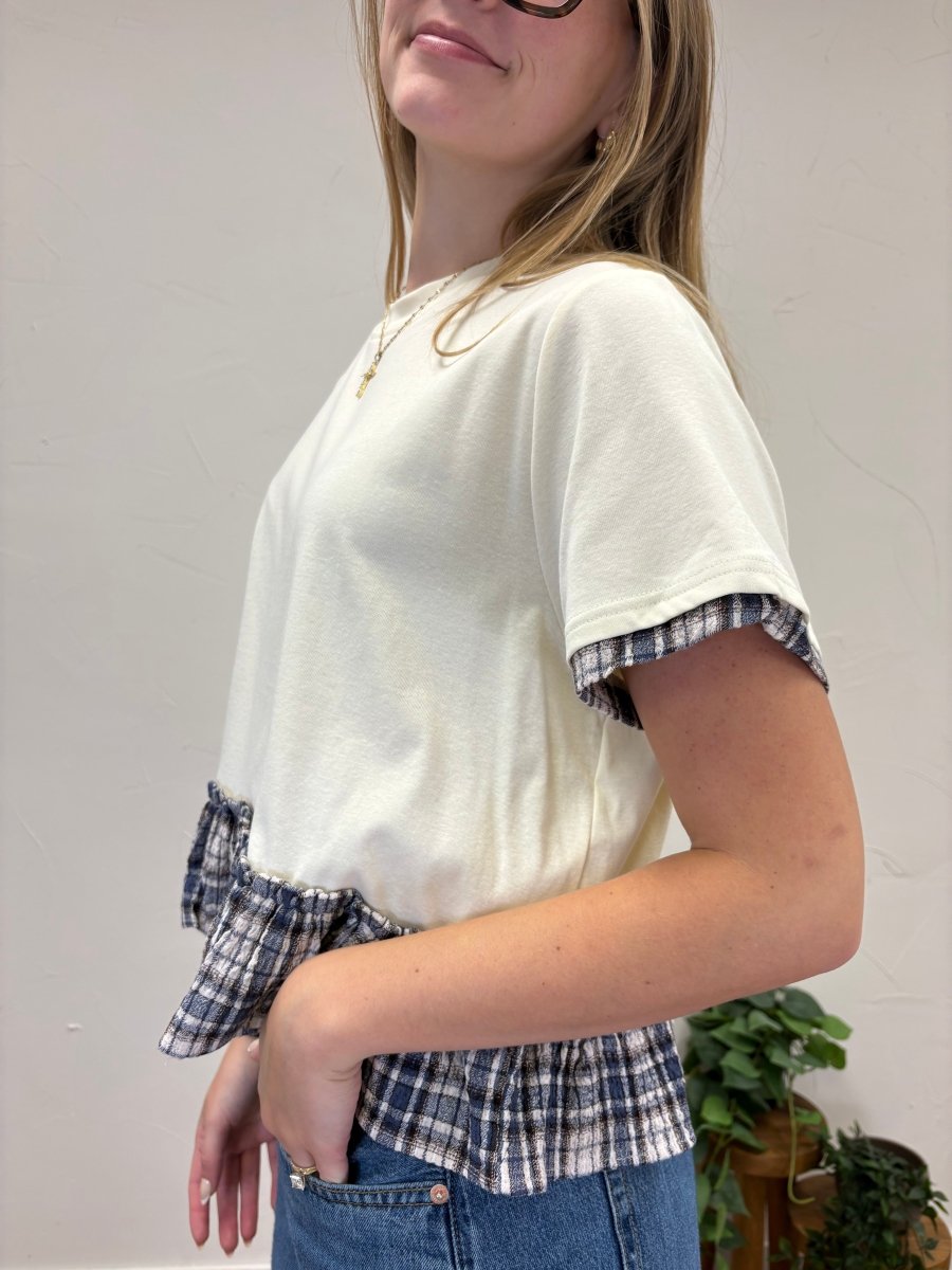 Crew Neck Short Sleeve Contrast Plaid Peplum Boxy Top - Three:Twelve Boutique - Sunday Edition by LE LIS