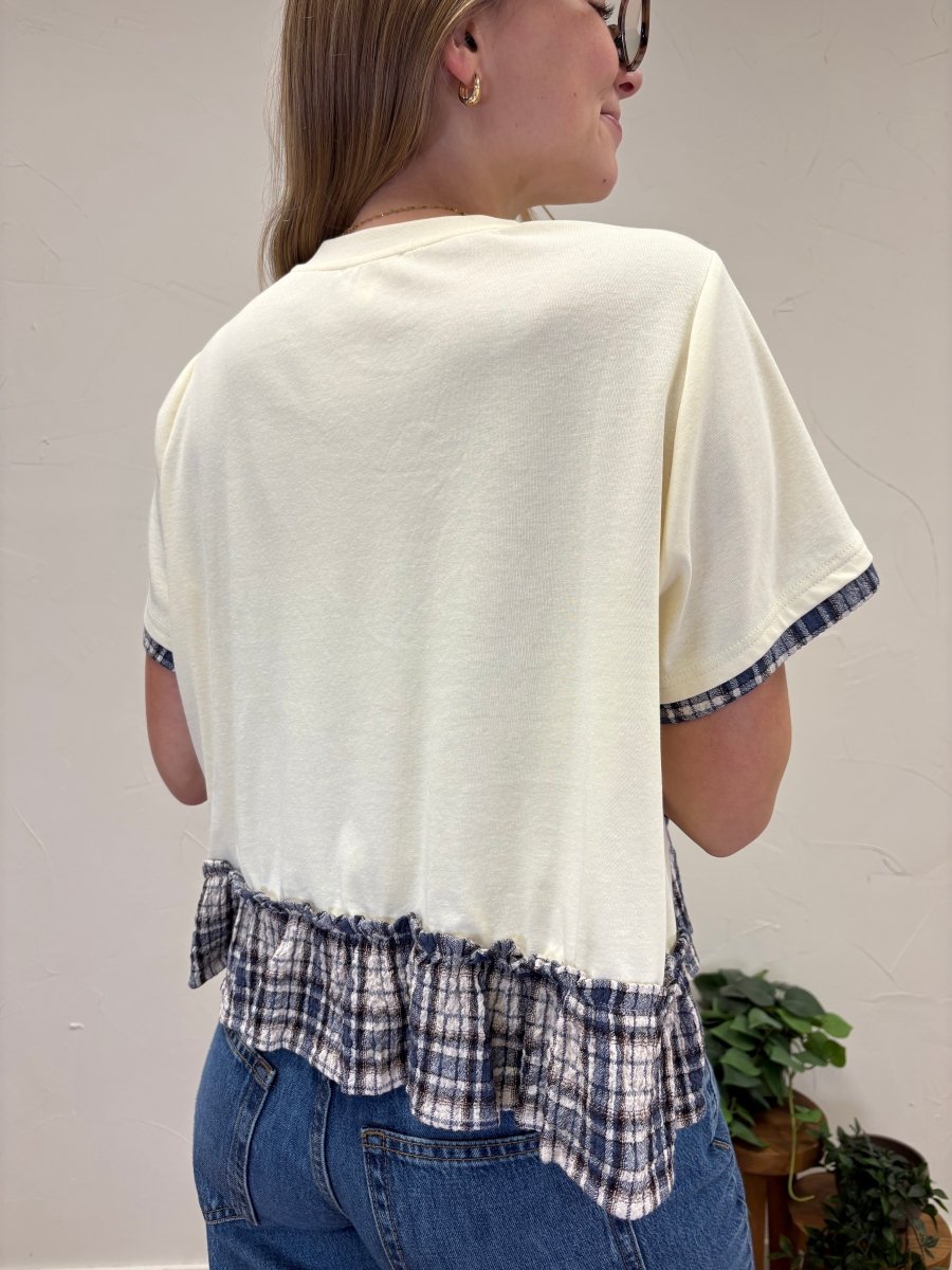 Crew Neck Short Sleeve Contrast Plaid Peplum Boxy Top - Three:Twelve Boutique - Sunday Edition by LE LIS