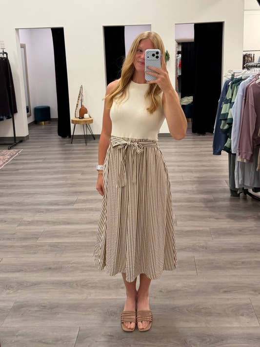 Crew Neck Tie Waist Combo Dress for Women – Elegant Mixed Media Midi Dress - Three:Twelve Boutique - Staccato
