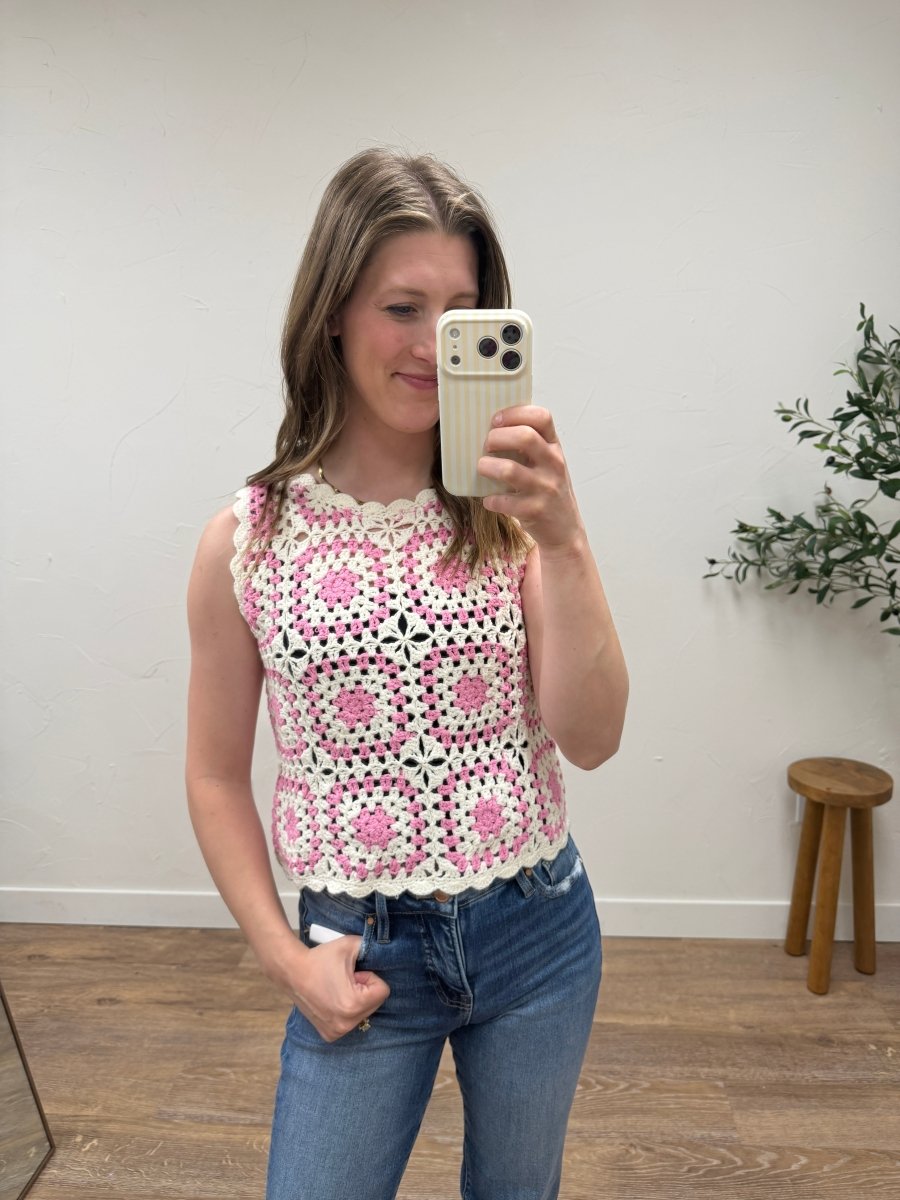 Lifestyle shot of model wearing Crochet Tank Top styled for summer look — Three Boutique