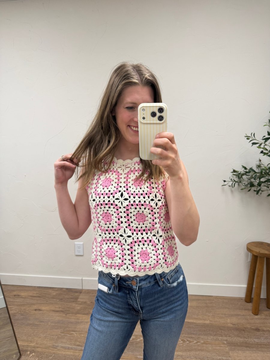 Lifestyle shot of model wearing Crochet Tank Top styled for summer look — Three Boutique