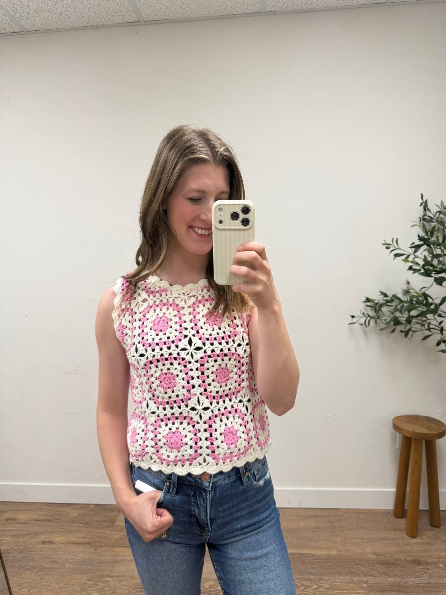 Front view of Crochet Tank Top in white and pink worn on model — Three Boutique