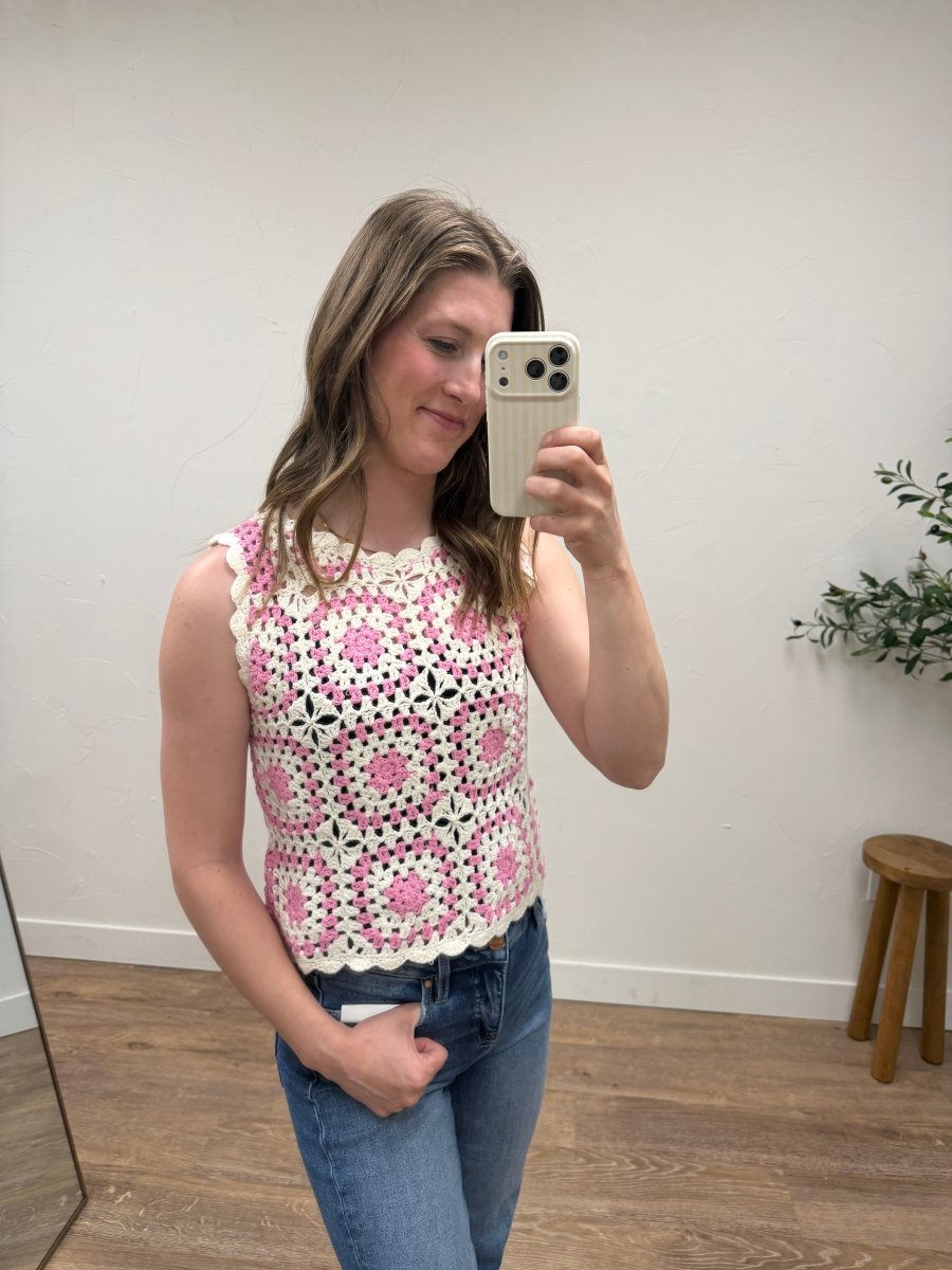 Lifestyle shot of model wearing Crochet Tank Top styled for summer look — Three Boutique