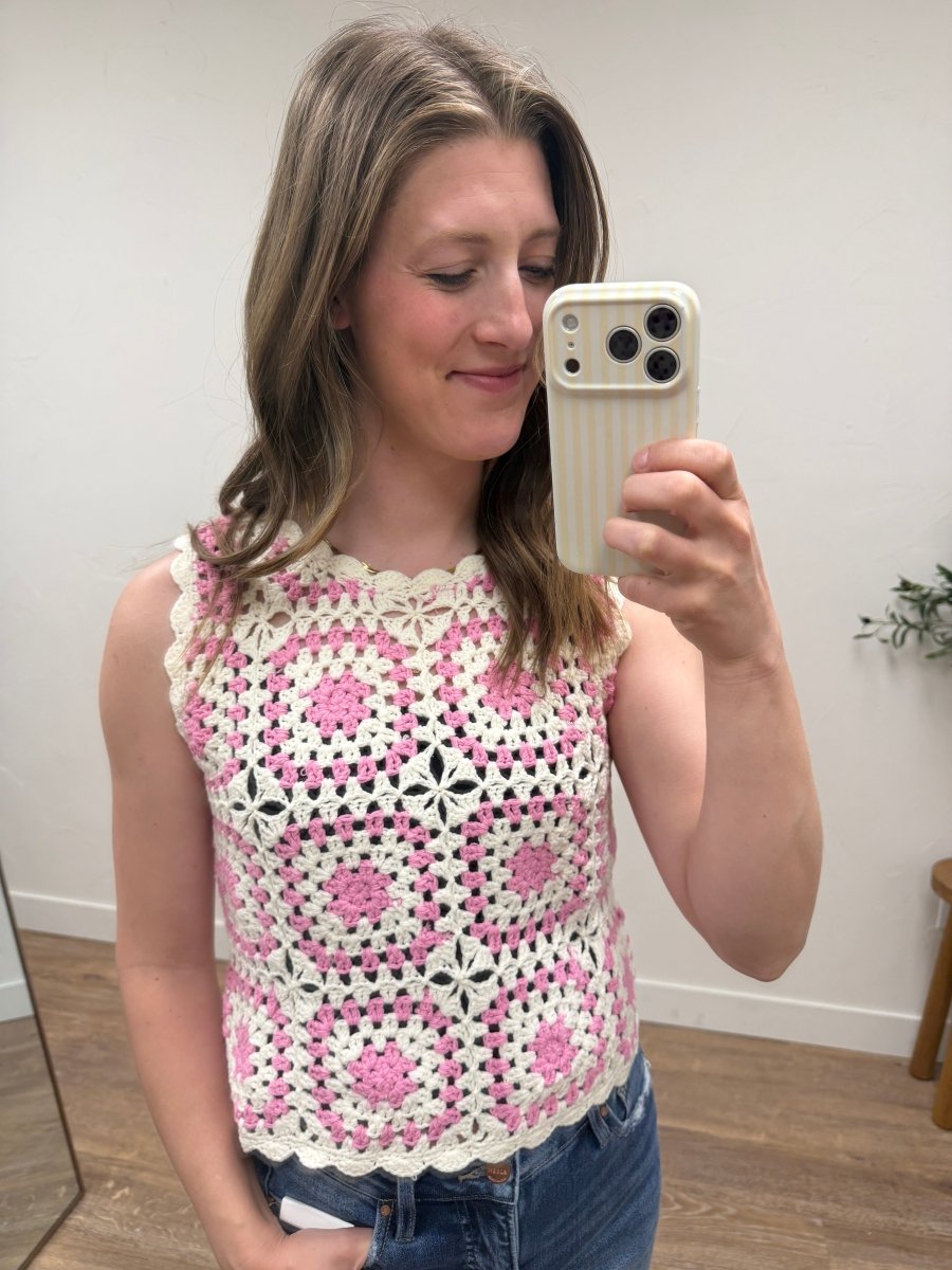 Front view of Crochet Tank Top in white and pink worn on model — Three Boutique