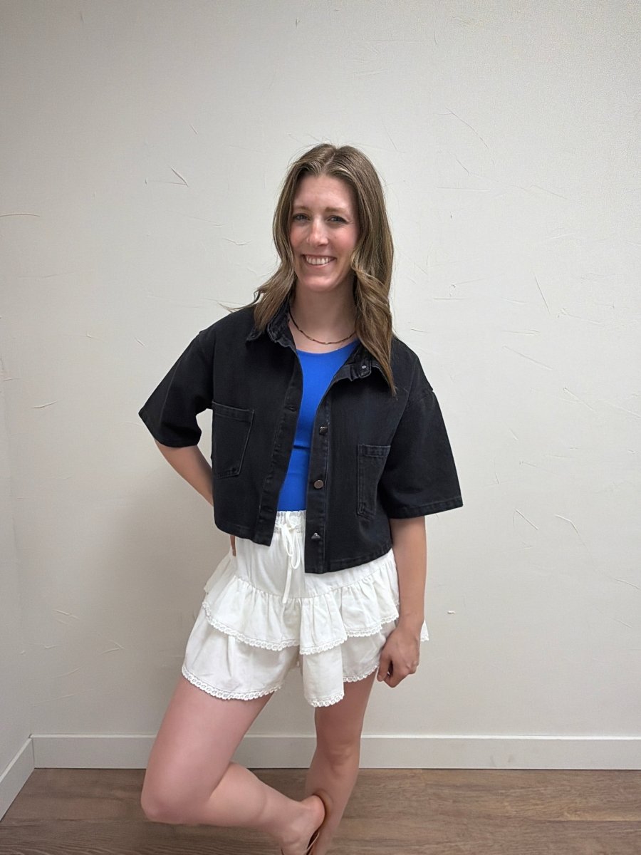 Model wearing Women's Cropped Denim Short Sleeve Jacket styled for a casual everyday outfit