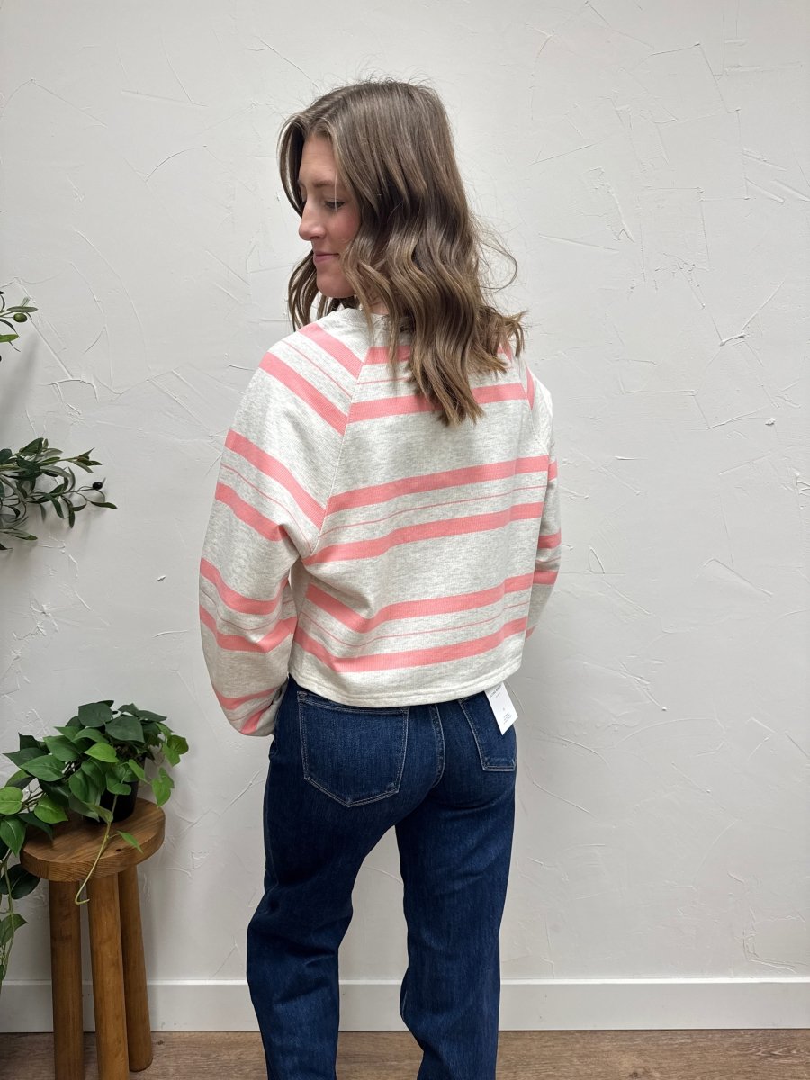 Back view of Dakota striped pullover on model highlighting silhouette — Three:Twelve Boutique