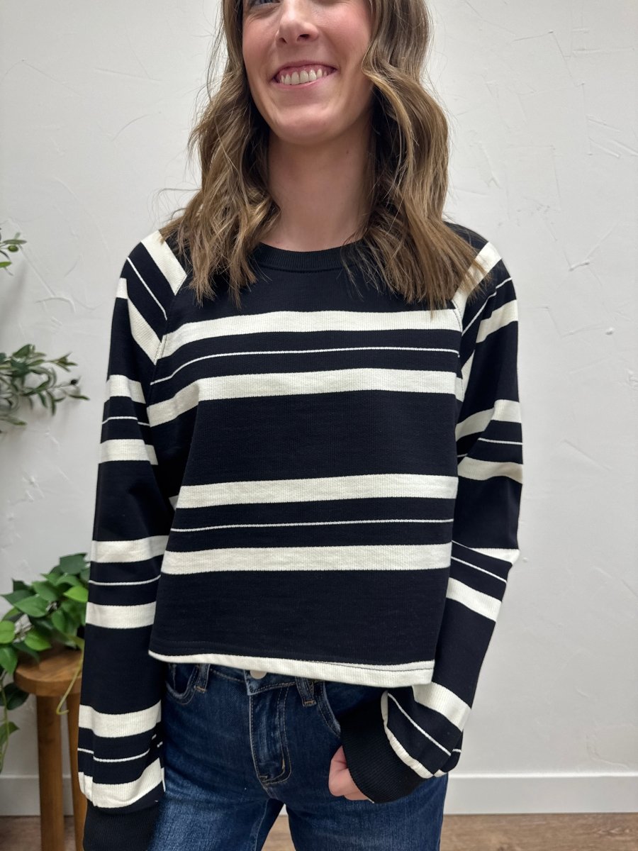 Close up of striped knit fabric detail on Dakota pullover — Three:Twelve Boutique