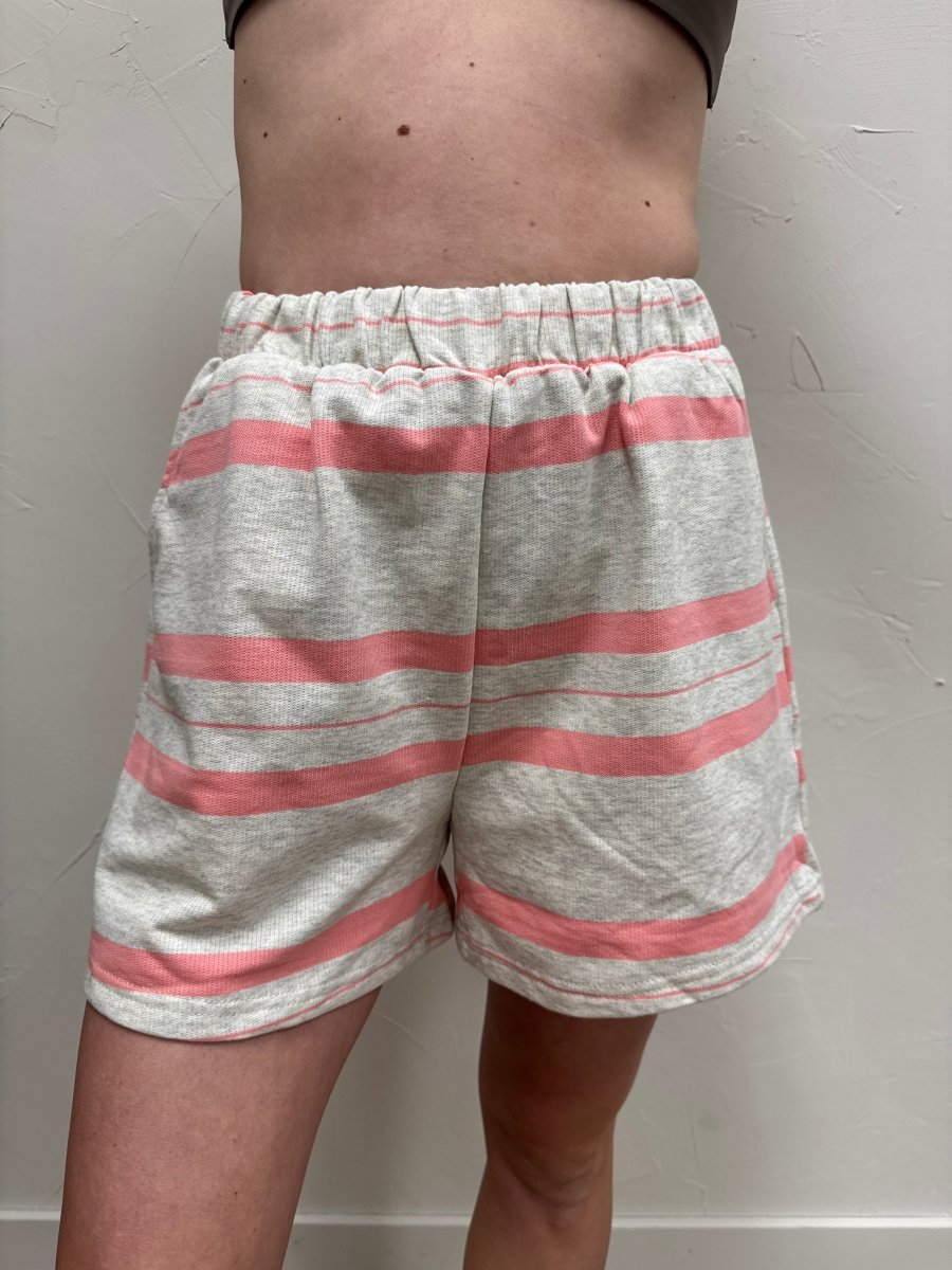 Close up of striped pattern and fabric texture on Dakota shorts — Three:Twelve Boutique
