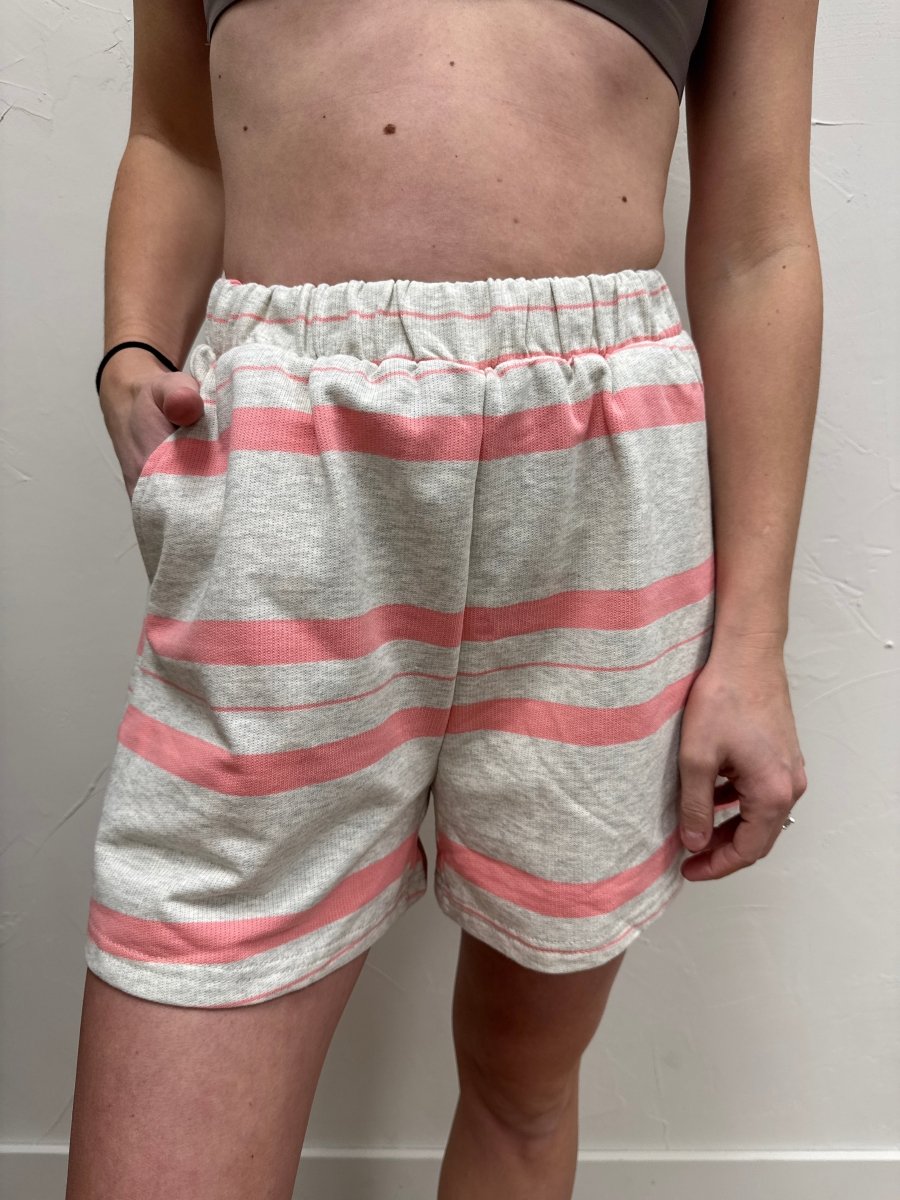 Front view of model wearing Dakota striped shorts with relaxed fit and elastic waistband — Three:Twelve Boutique