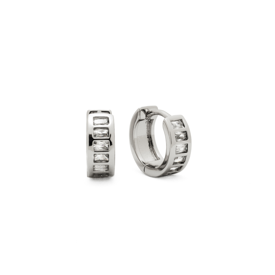 Silver Baguette Huggie Earrings: Yellow Gold