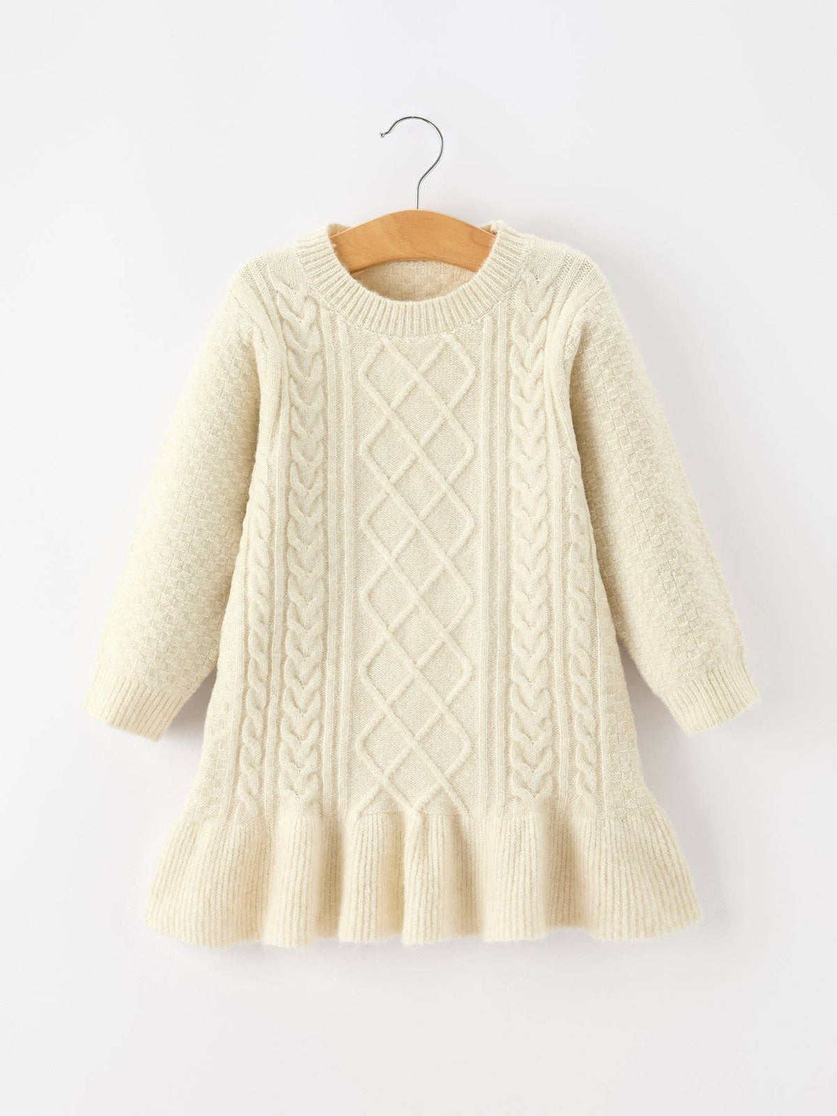 Girls Ivory Cable Knit Ruffle Sweater Dress