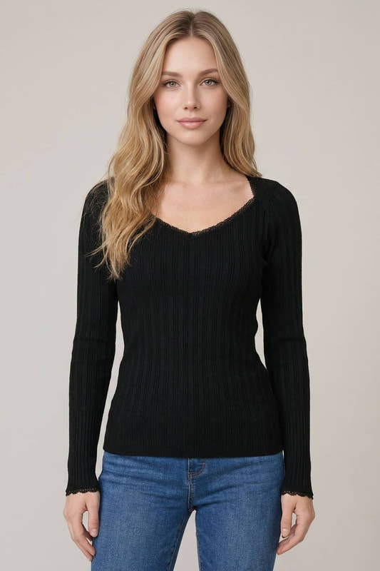 TEXTURED RIB LACE DETAIL SIDE RUCHED SIDE TOP