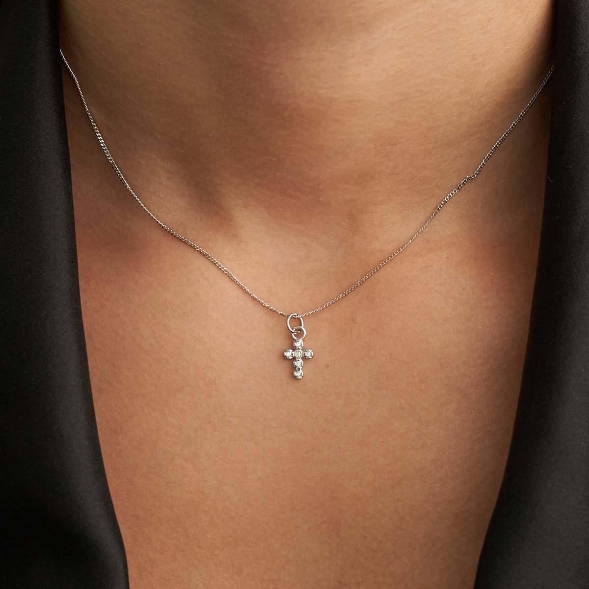 Demi-Fine Silver Dainty Diamond Cross Necklace – White Rhodium Handmade Pendant - Three:Twelve Boutique - Brenda Grands Jewelry