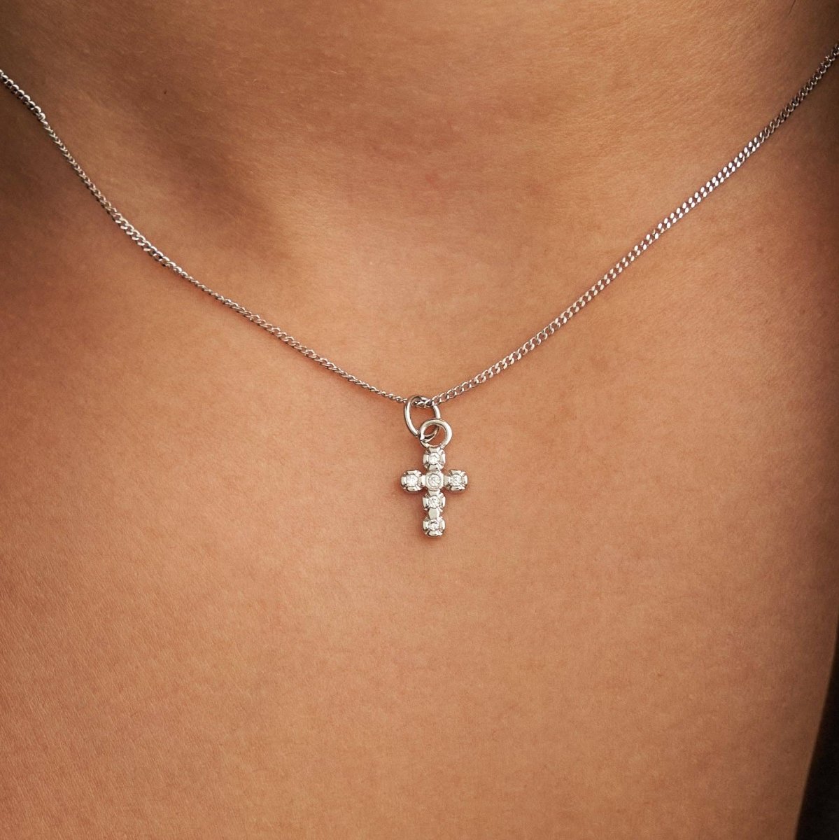 Demi-Fine Silver Dainty Diamond Cross Necklace – White Rhodium Handmade Pendant - Three:Twelve Boutique - Brenda Grands Jewelry