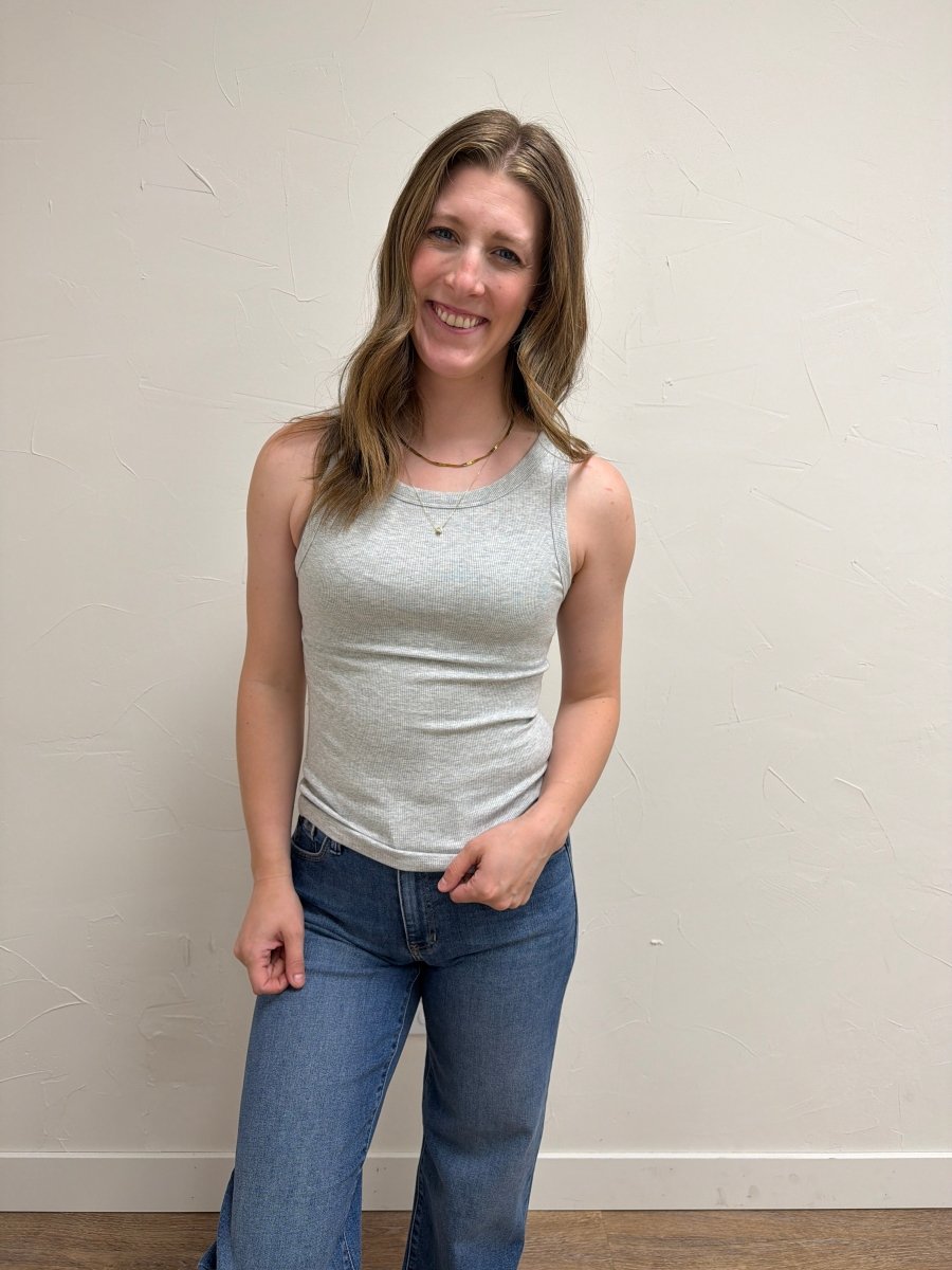 Front view of model wearing Edlin Tank with fitted silhouette and ribbed detail — Three Boutique