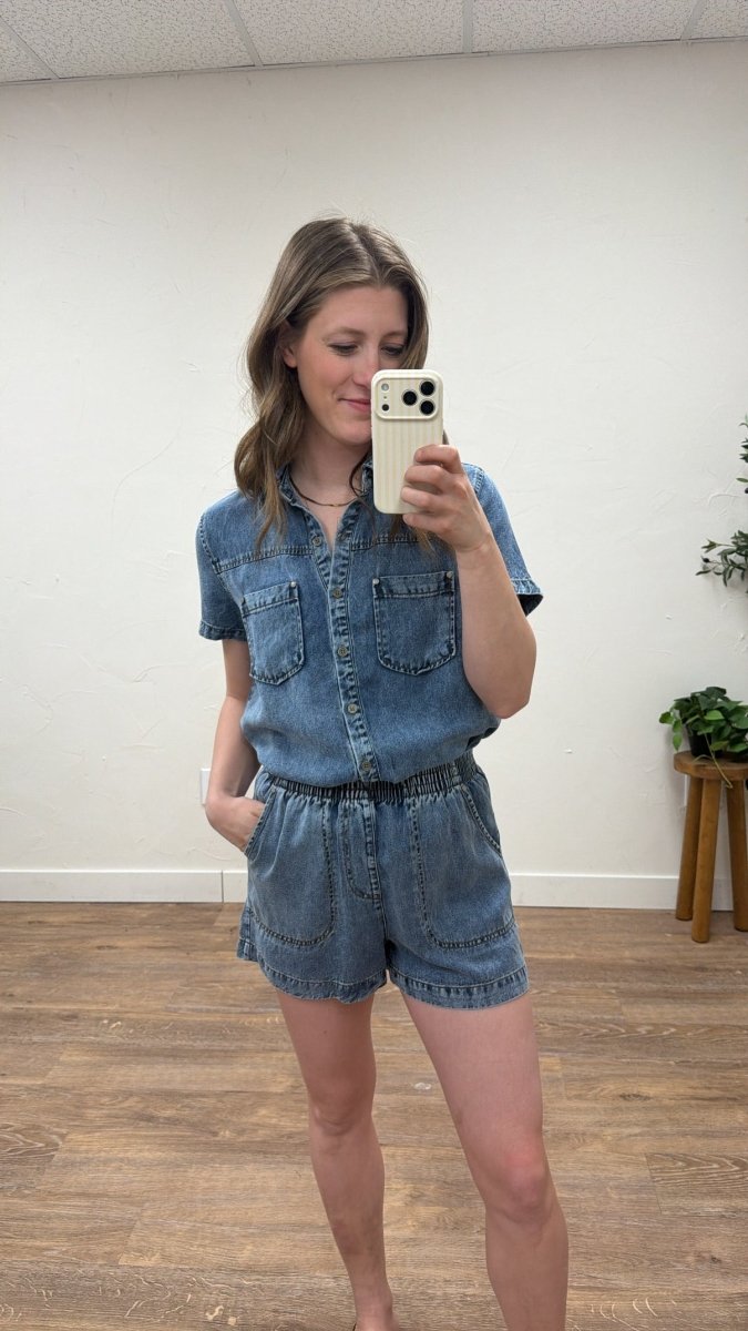 Lifestyle shot of model wearing chambray shorts styled with casual top — Three:Twelve Boutique