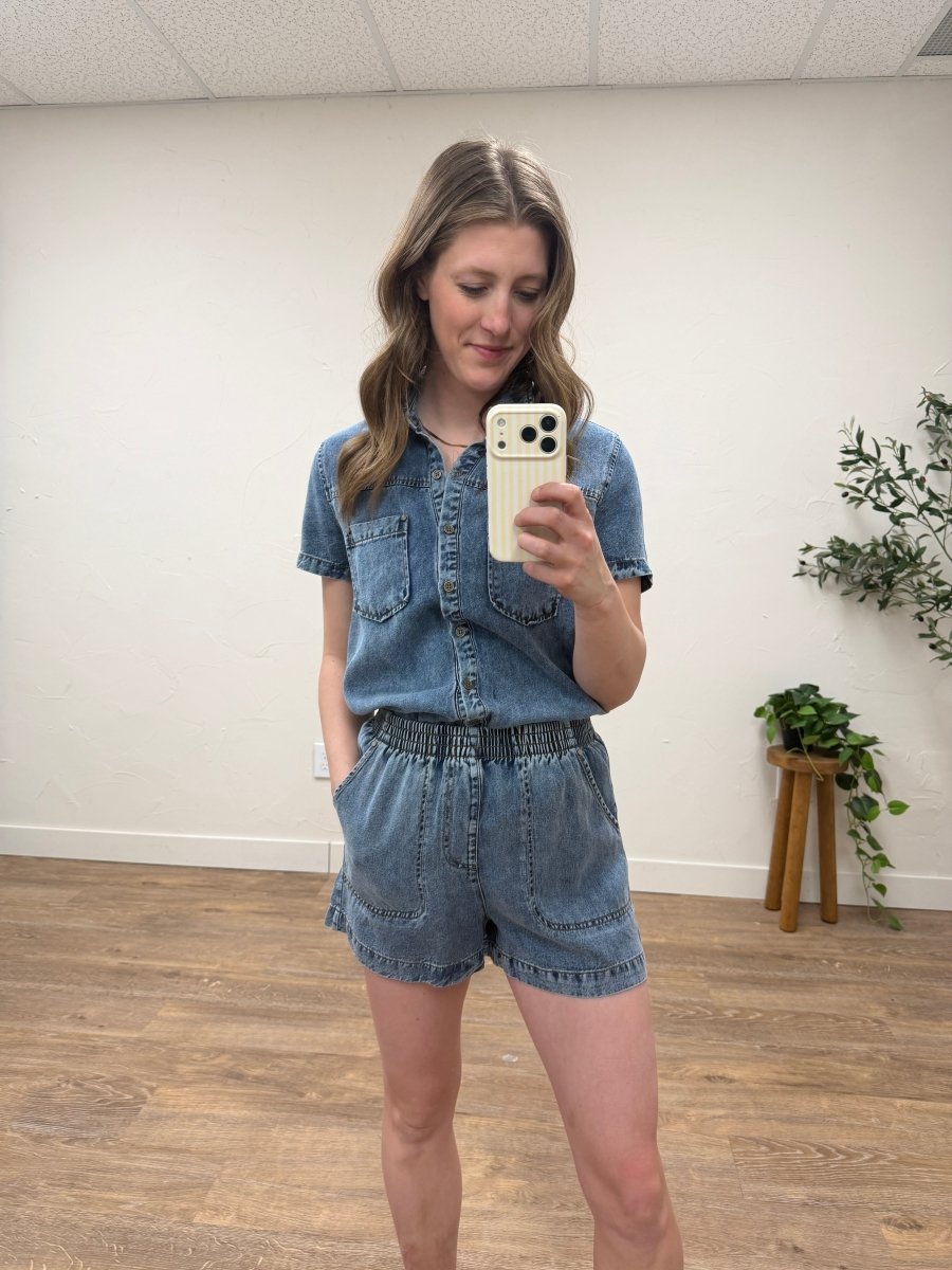 Lifestyle shot of model wearing chambray shorts styled with casual top — Three:Twelve Boutique