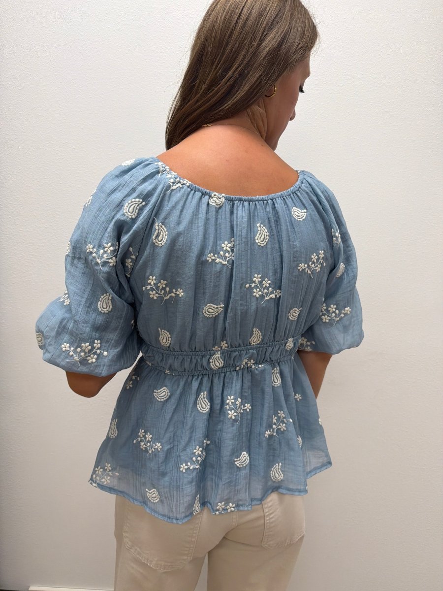 Embroidered Bubble Sleeve Top - Three:Twelve Boutique - Polagram