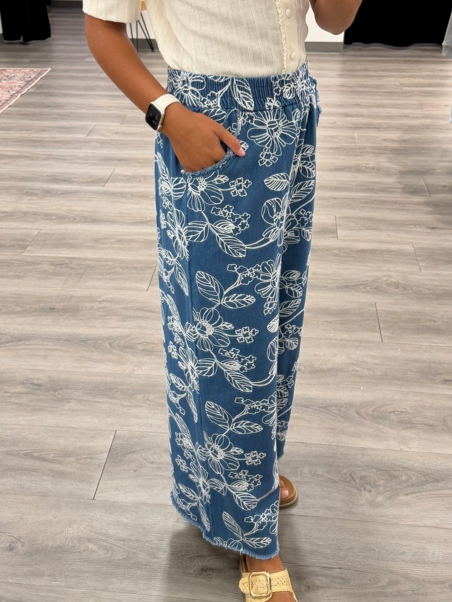 Embroidery Chambray Wide Leg Pants - Three:Twelve Boutique - umgee