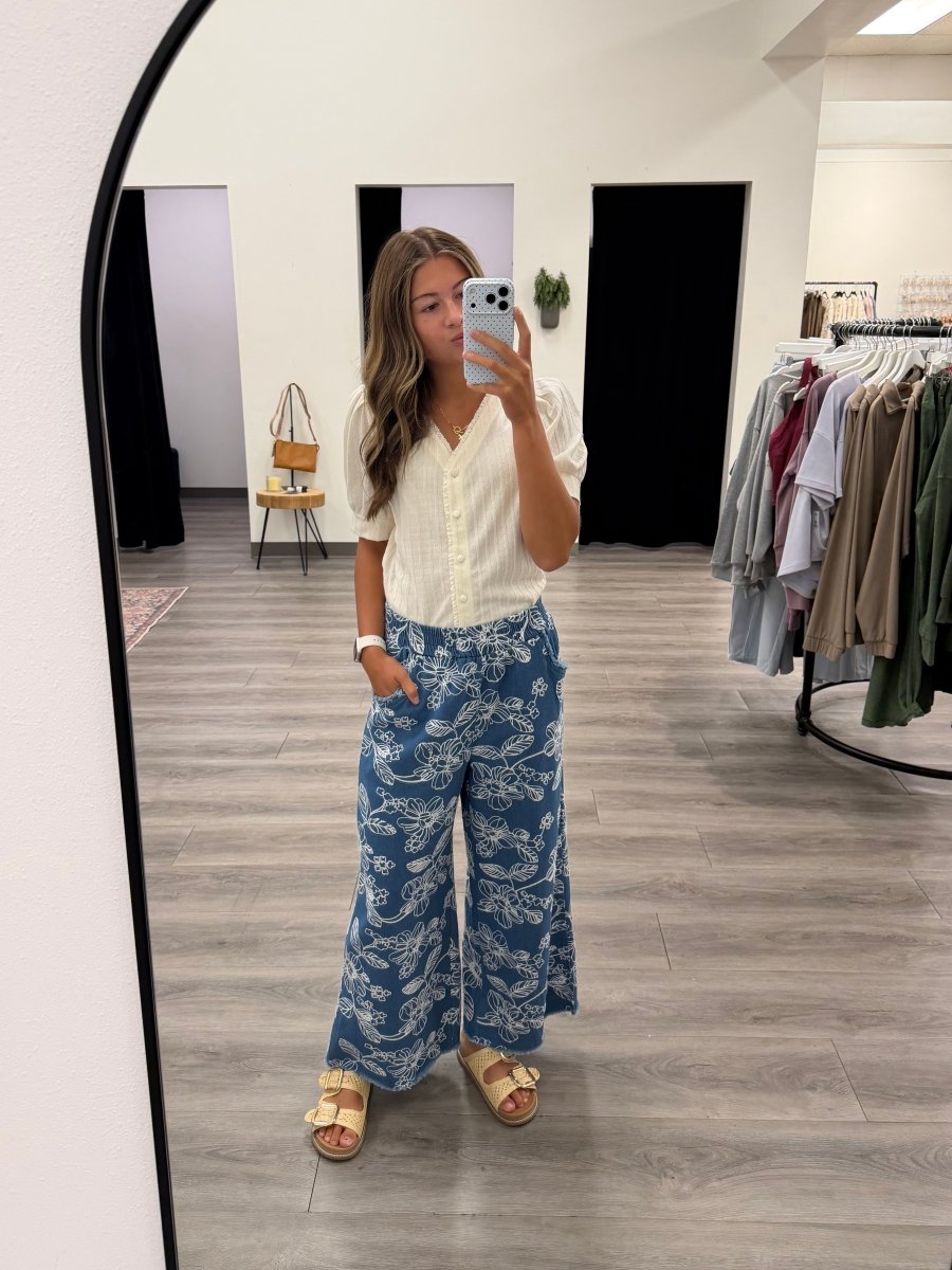 Embroidery Chambray Wide Leg Pants - Three:Twelve Boutique - umgee
