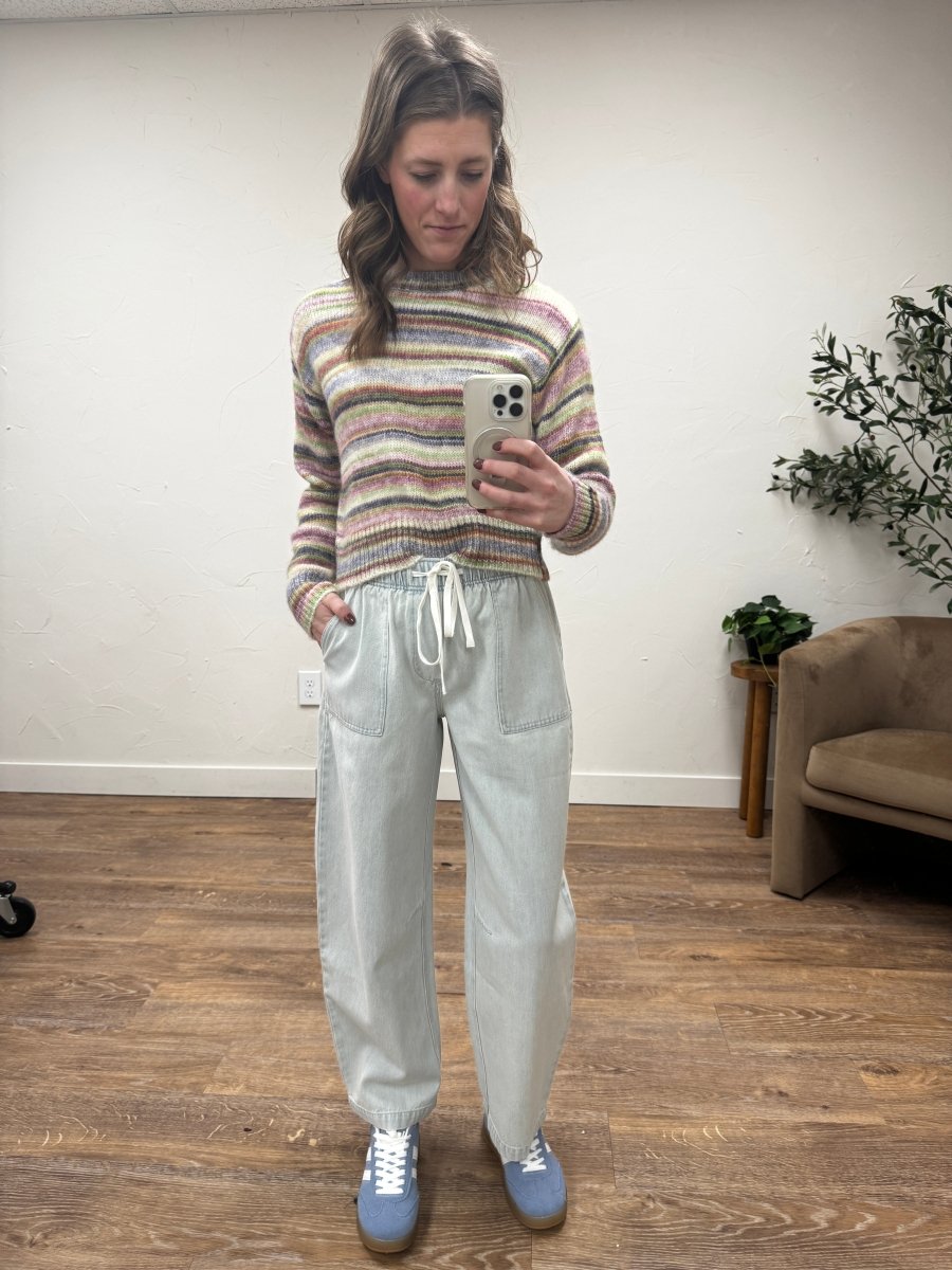 Front view of model wearing emerald wide leg pants showing high rise fit — Three:Twelve Boutique