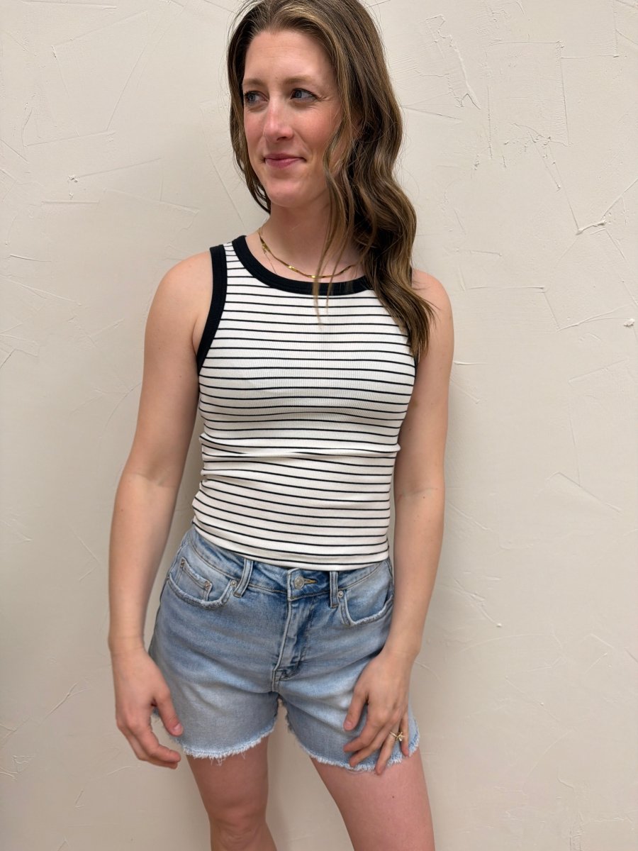 Front view of model wearing Evie fitted tank top showing clean neckline and silhouette — Three:Twelve Boutique