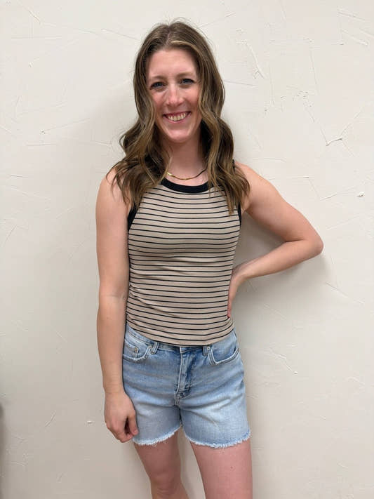 Front view of model wearing Evie fitted tank top showing clean neckline and silhouette — Three:Twelve Boutique