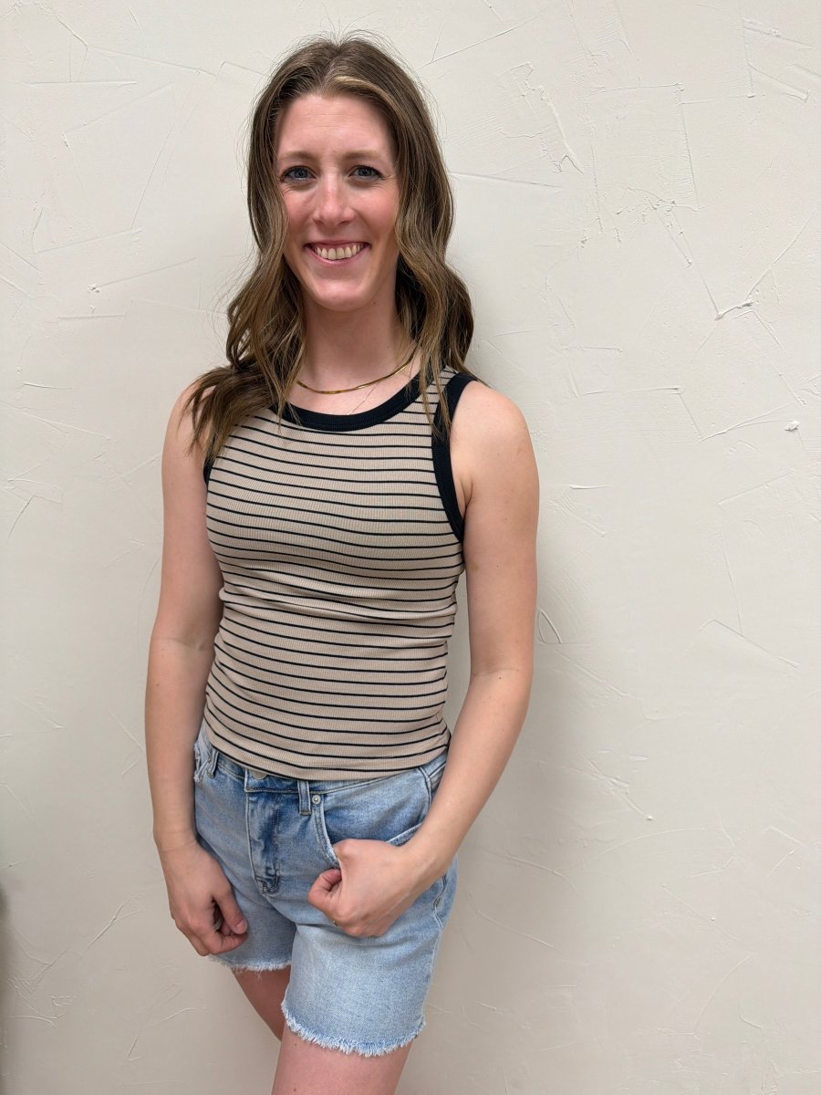 Lifestyle shot of model wearing Evie tank top styled casually with bottoms — Three:Twelve Boutique