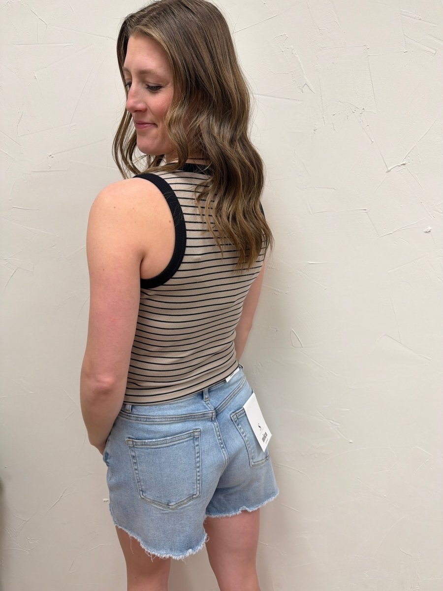 Side view of Evie tank top showing fitted structure and layering look — Three:Twelve Boutique