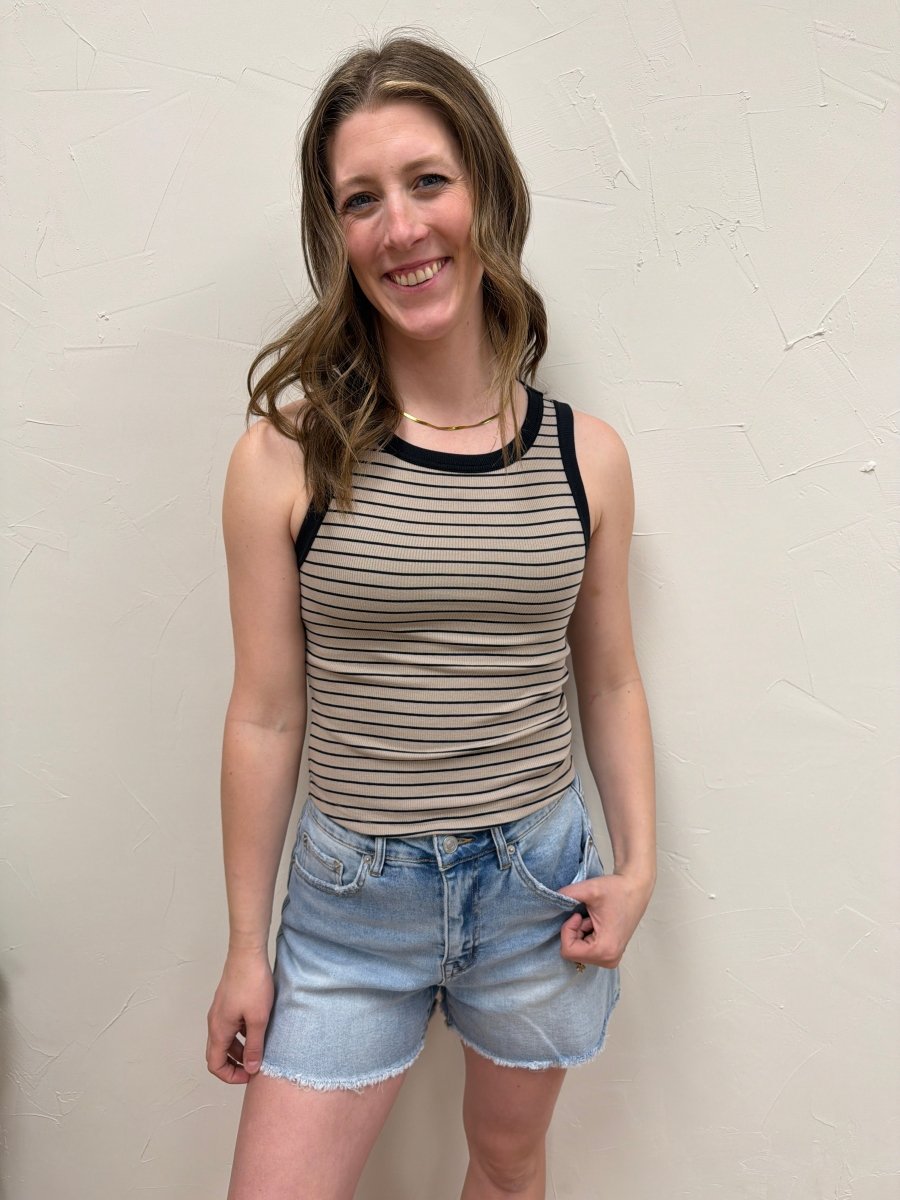 Front view of model wearing Evie fitted tank top showing clean neckline and silhouette — Three:Twelve Boutique