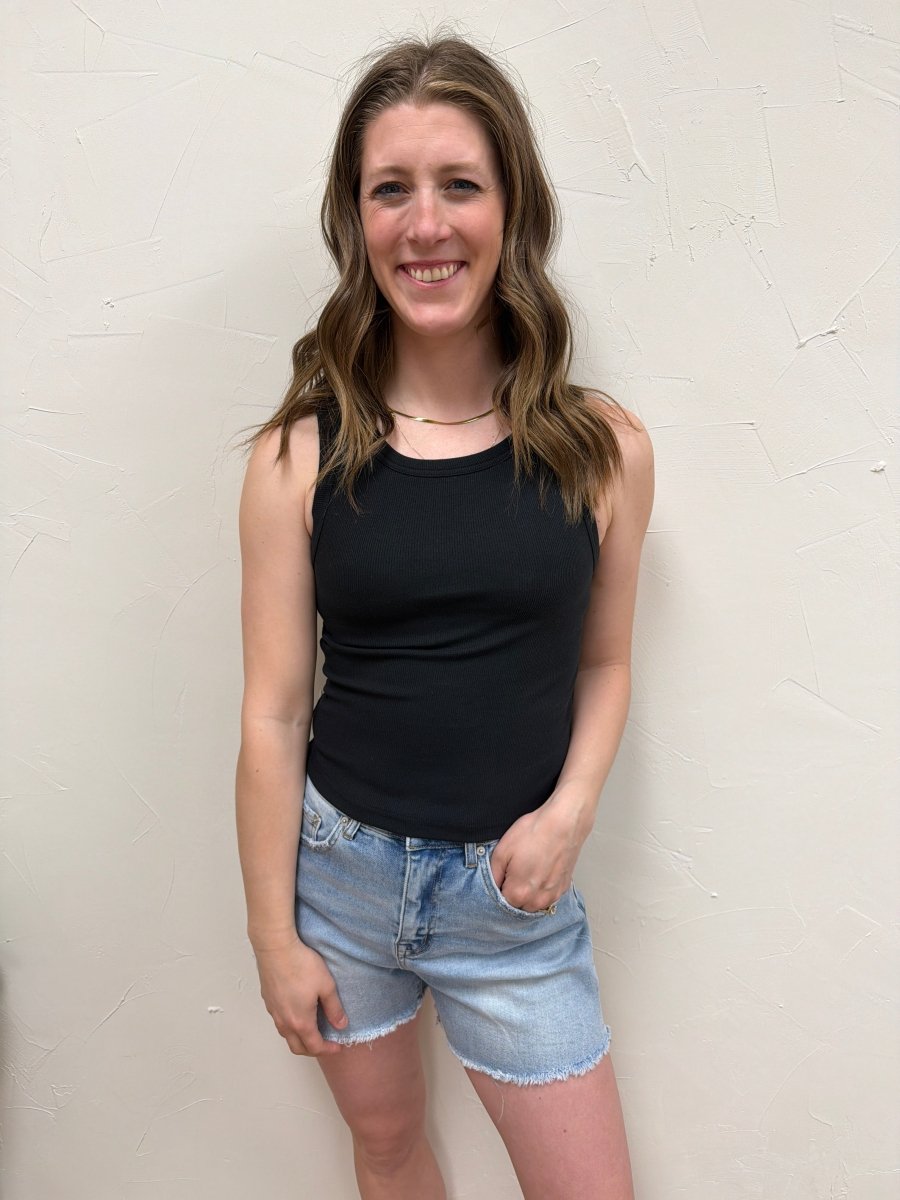 Front view of model wearing Evie fitted tank top showing clean neckline and silhouette — Three:Twelve Boutique