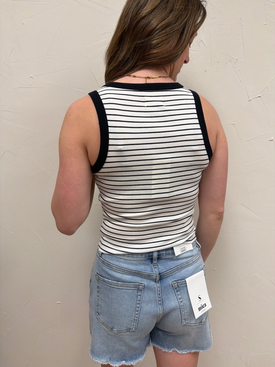 Back view of model wearing Evie tank top showing fitted shape — Three:Twelve Boutique