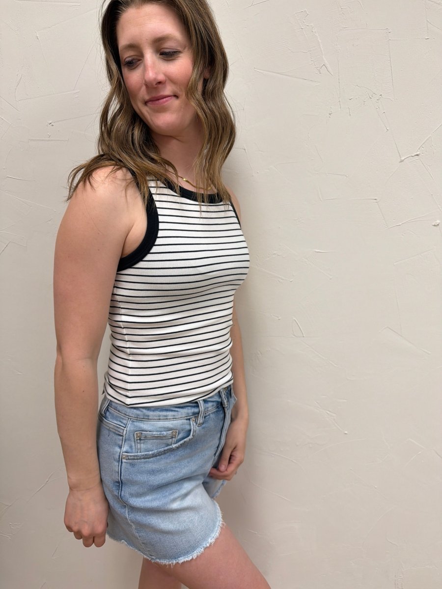 Side view of Evie tank top showing fitted structure and layering look — Three:Twelve Boutique