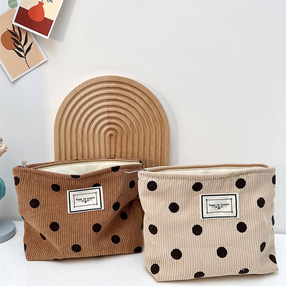 CORDUROY RETRO POLKA DOT MAKEUP BAG COFFEE